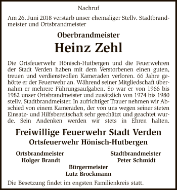 Traueranzeige von Heinz Zehl von SYK