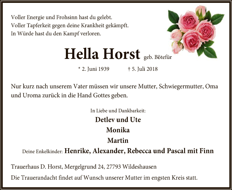  Traueranzeige für Hella Horst vom 11.07.2018 aus SYK