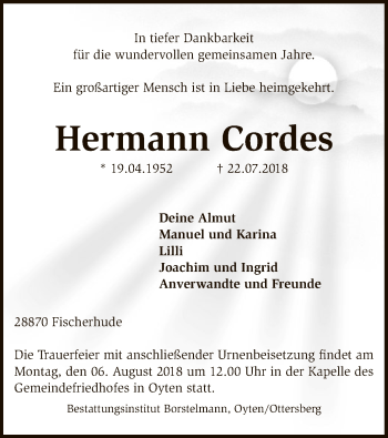 Traueranzeige von Hermann Cordes von SYK