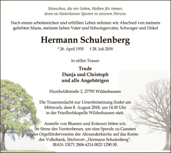 Traueranzeige von Hermann Schulenberg von SYK