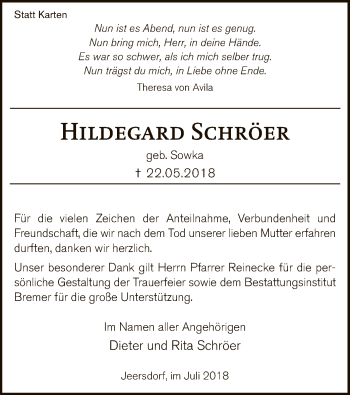 Traueranzeige von Hildegard Schröer von SYK