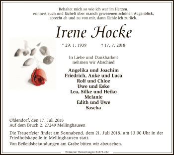 Traueranzeige von Irene Hocke von SYK