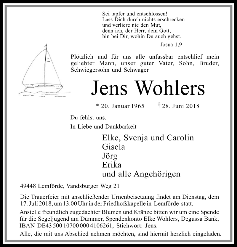  Traueranzeige für Jens Wohlers vom 07.07.2018 aus SYK
