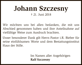 Traueranzeige von Johann Szczesny von SYK