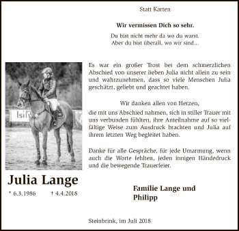 Traueranzeige von Julia Lange von SYK