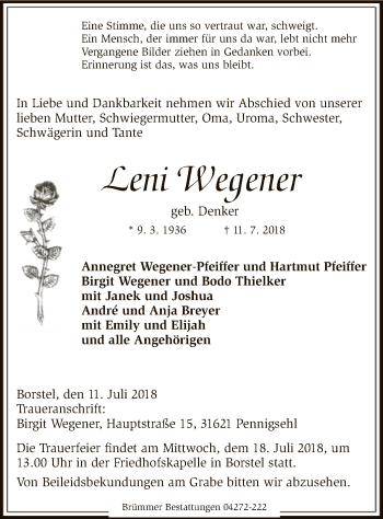 Traueranzeige von Leni Wegener von SYK