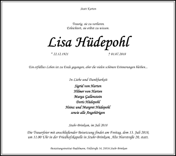 Traueranzeige von Lisa Hüdepohl von SYK