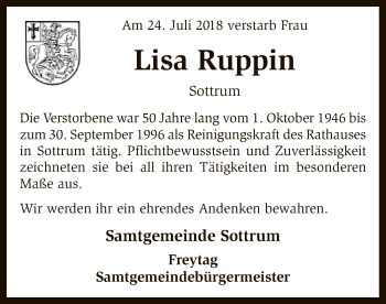 Traueranzeige von Lisa Ruppin von SYK