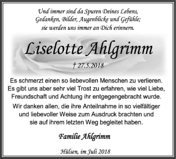 Traueranzeige von Liselotte Ahlgrimm von SYK