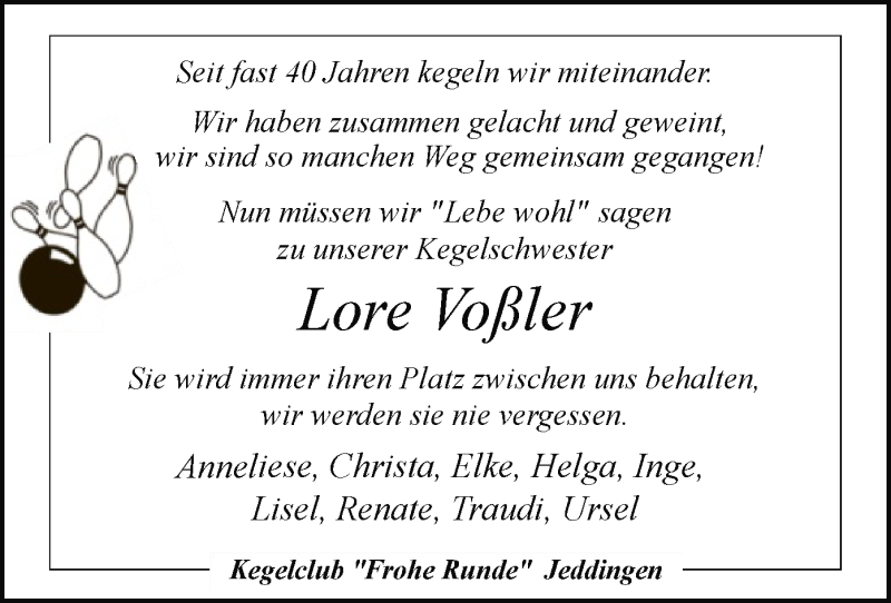  Traueranzeige für Lore Voßler vom 13.07.2018 aus SYK