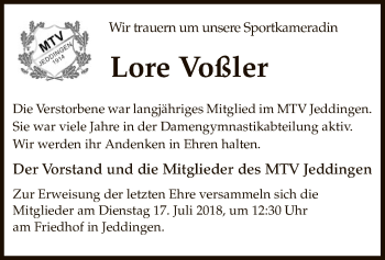 Traueranzeige von Lore Voßler von SYK