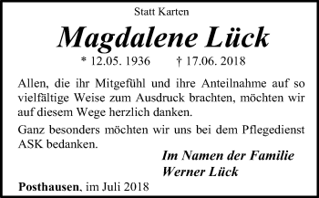 Traueranzeige von Magdalene Lück von SYK