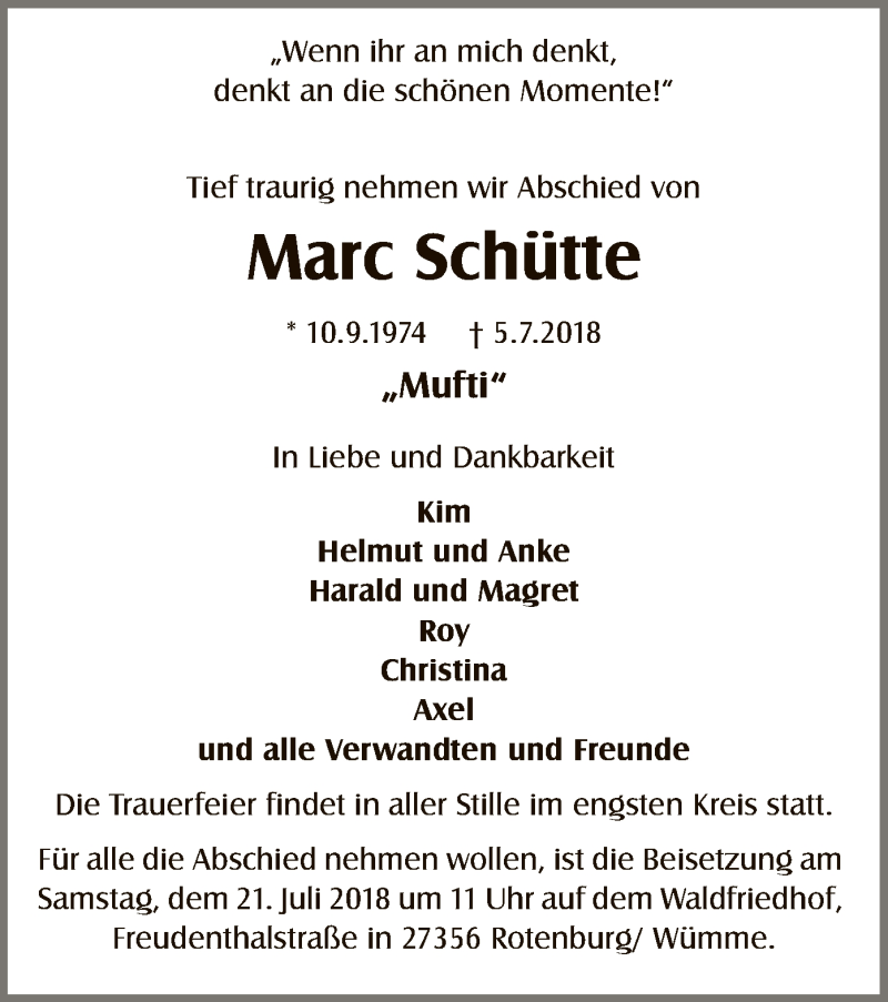  Traueranzeige für Marc Schütte vom 12.07.2018 aus SYK