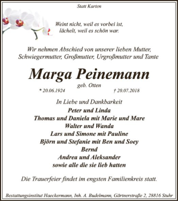 Traueranzeige von Marga Peinemann von SYK