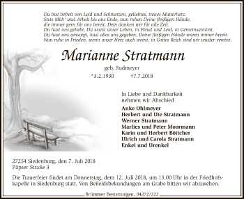Traueranzeige von Marianne Stratmann von SYK