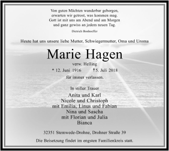 Traueranzeige von Marie Hagen von SYK