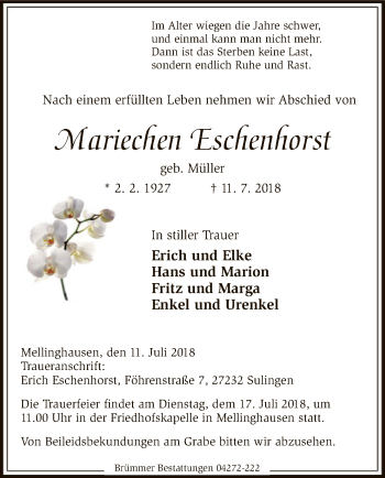 Traueranzeige von Mariechen Eschenhorst von SYK