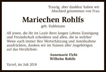 Traueranzeige von Mariechen Rohlfs von SYK