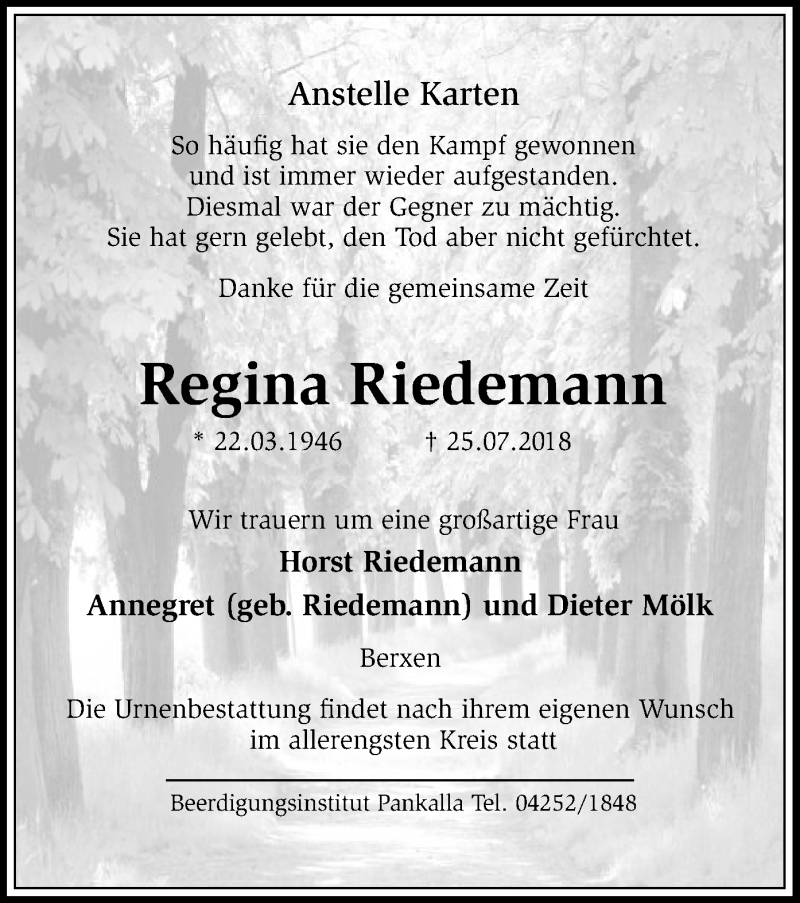  Traueranzeige für Regina Riedemann vom 27.07.2018 aus SYK