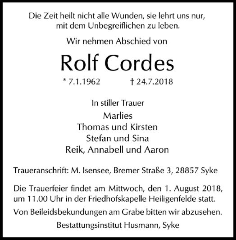  Traueranzeige für Rolf Cordes vom 28.07.2018 aus SYK