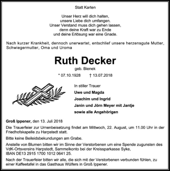 Traueranzeige von Ruth Decker von SYK