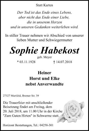 Traueranzeige von Sophie Habekost von SYK