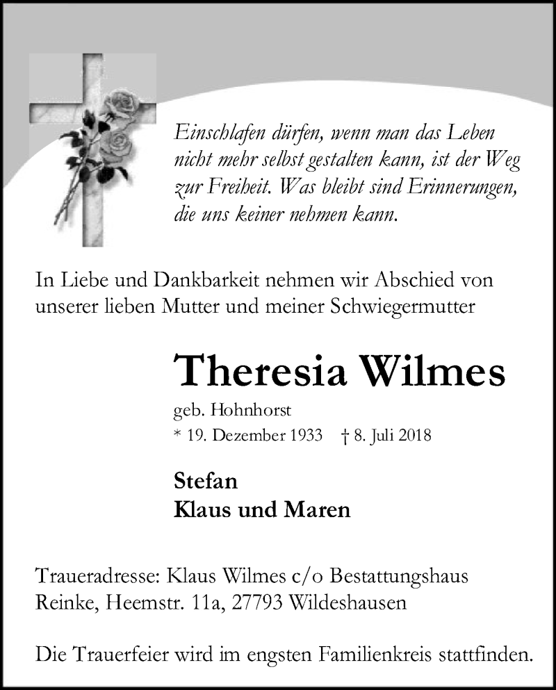  Traueranzeige für Theresia Wilmes vom 11.07.2018 aus SYK