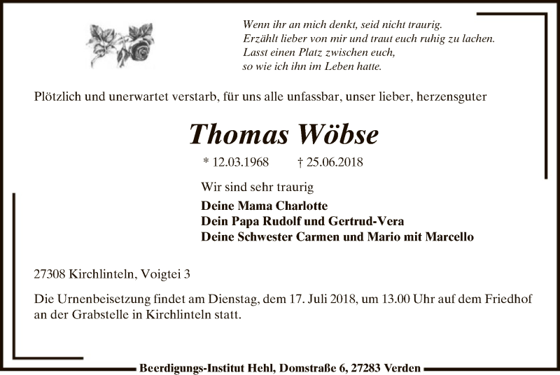  Traueranzeige für Thomas Wöbse vom 12.07.2018 aus SYK