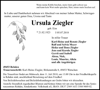 Traueranzeige von Ursula Ziegler von SYK