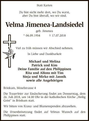 Traueranzeige von Velma Jimenea-Landsiedel von SYK