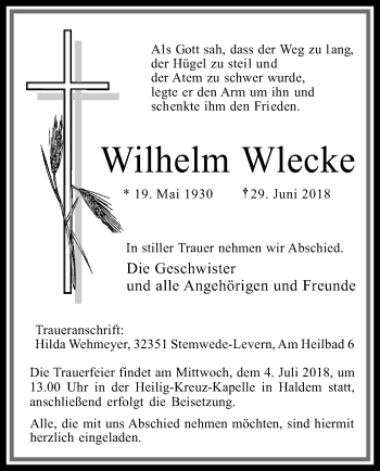 Traueranzeige von Wilhelm Wlecke von SYK