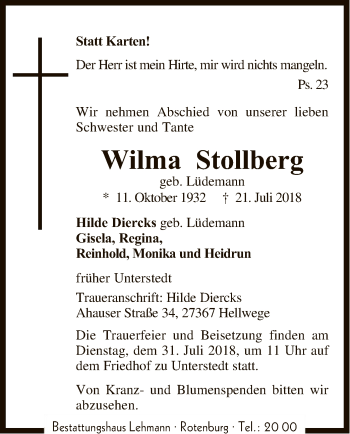 Traueranzeige von Wilma Stollberg von SYK