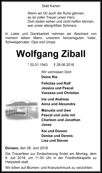 Traueranzeige von Wolfgang Ziball von SYK