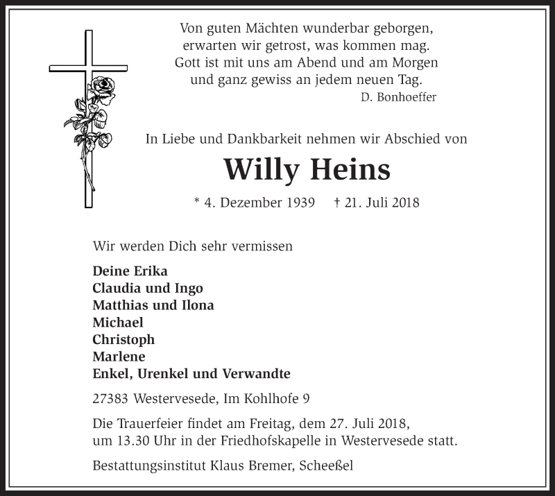  Traueranzeige für Willy Heins vom 25.07.2018 aus 