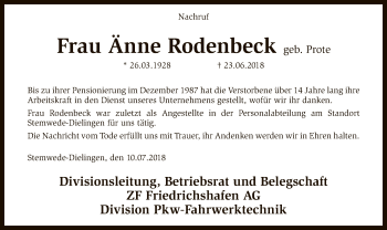 Traueranzeige von Änne Rodenbeck von SYK