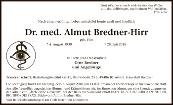 Traueranzeige von Almut Bredner-Hirr von SYK