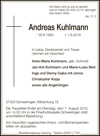 Traueranzeige von Andreas Kuhlmann von SYK