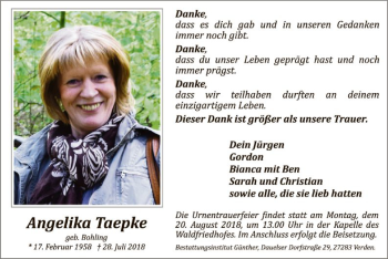 Traueranzeige von Angelika Taepke von SYK