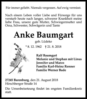 Traueranzeige von Anke Baumgart von SYK