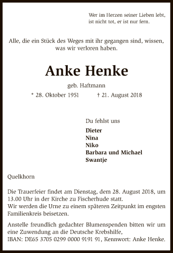 Traueranzeige von Anke Henke von SYK