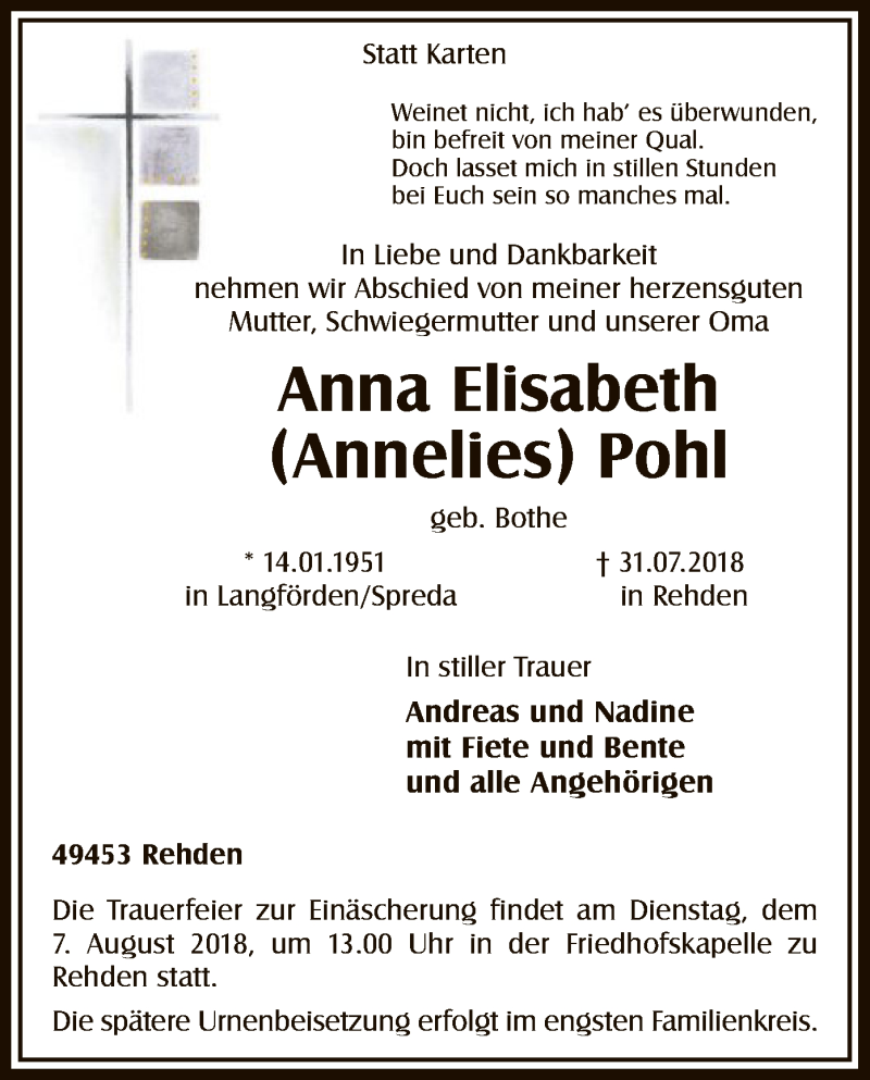  Traueranzeige für Anna Elisabeth Pohl vom 02.08.2018 aus SYK
