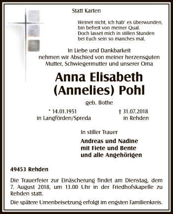 Traueranzeige von Anna Elisabeth Pohl von SYK