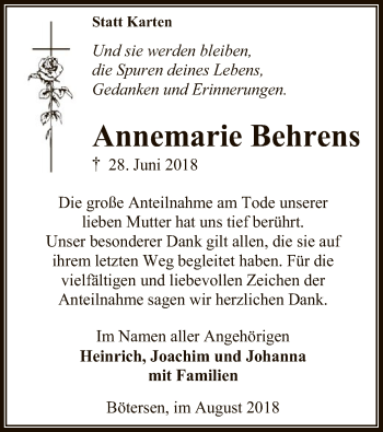 Traueranzeige von Annemarie Behrens von SYK