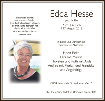 Traueranzeige von Edda Hesse von SYK