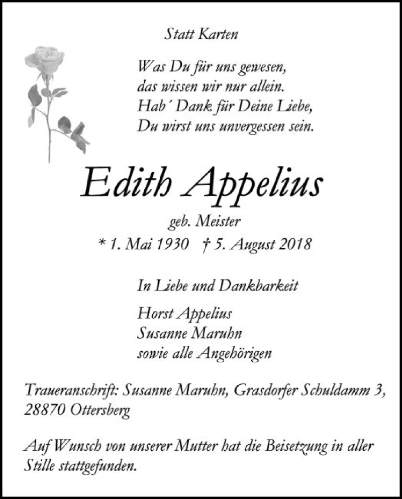  Traueranzeige für Edith Appelius vom 27.08.2018 aus SYK