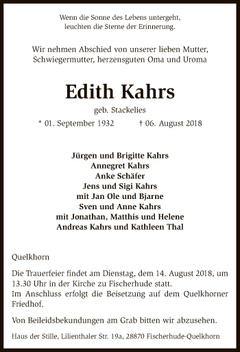 Traueranzeige von Edith Kahrs von SYK