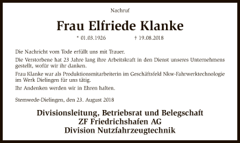 Traueranzeige von Elfriede Klanke von SYK