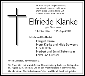 Traueranzeige von Elfriede Klanke von SYK