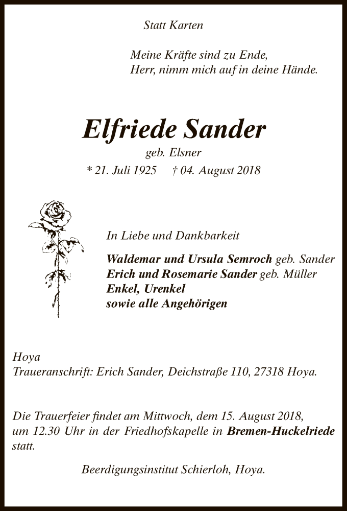  Traueranzeige für Elfriede Sander vom 09.08.2018 aus SYK
