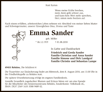 Traueranzeige von Emma Sander von SYK